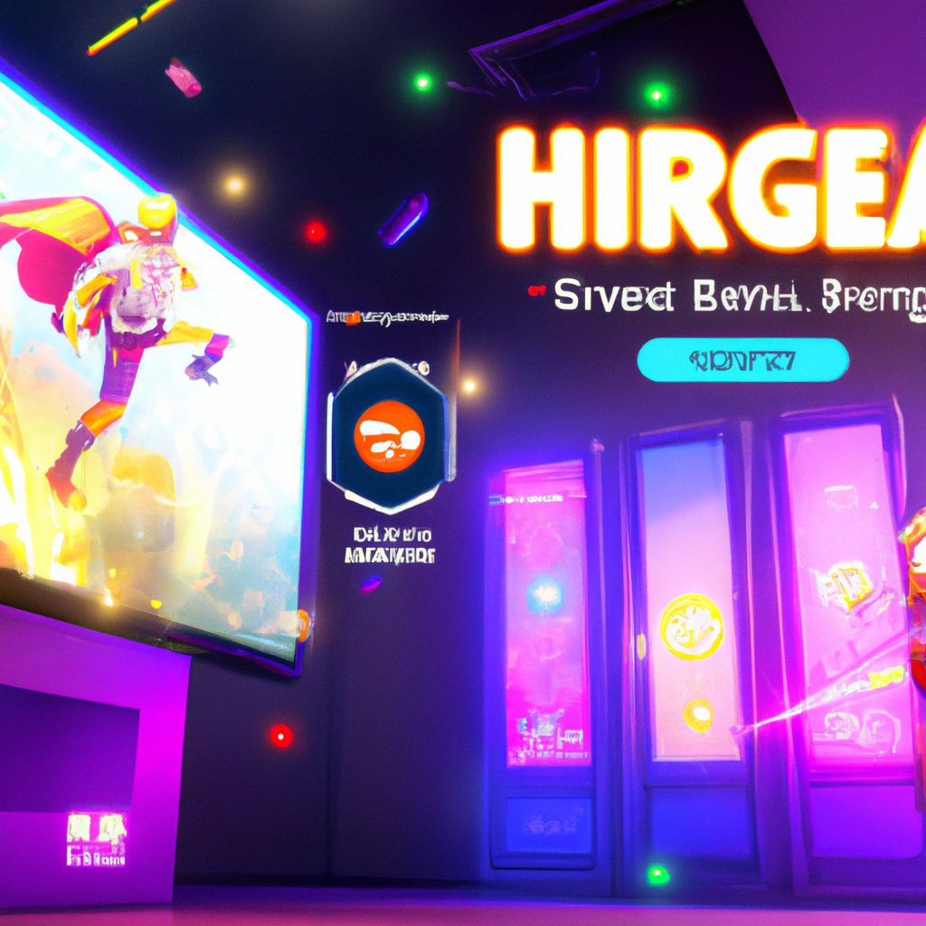 Arcade montage: players, neon HUD, tournament sticker